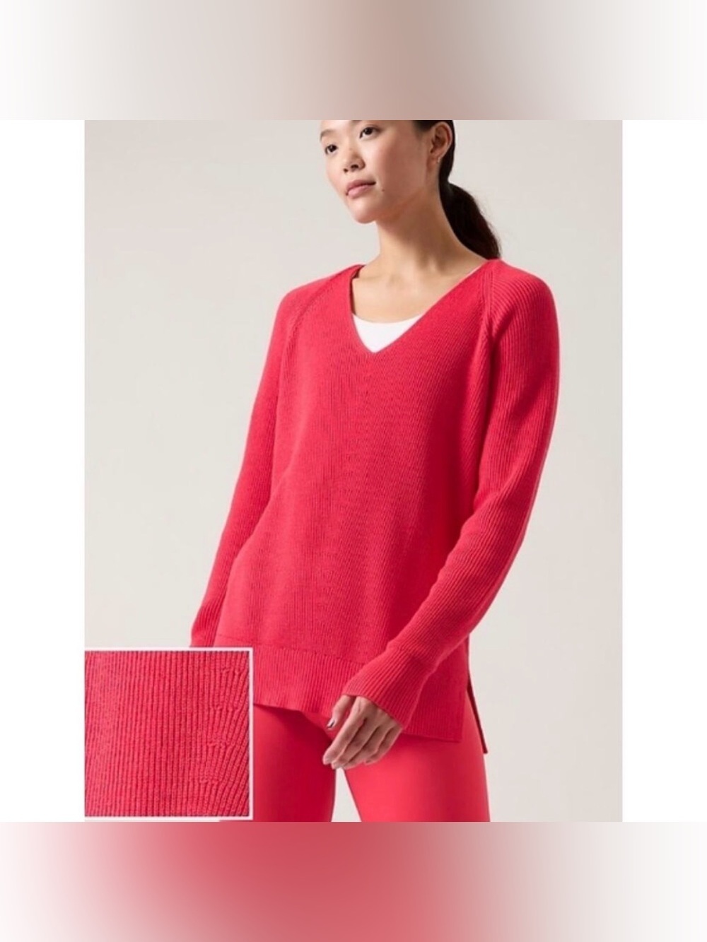 Athleta Hanover Refined V-Neck Sweater Wool Blend Reddish Pink Size Medium